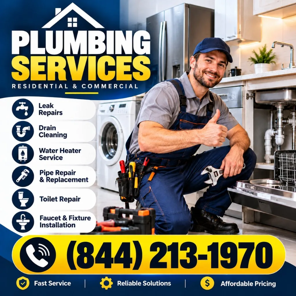 A plumber kneeling in a kitchen with a wrench, beside plumbing services and the number (844) 213-1970
