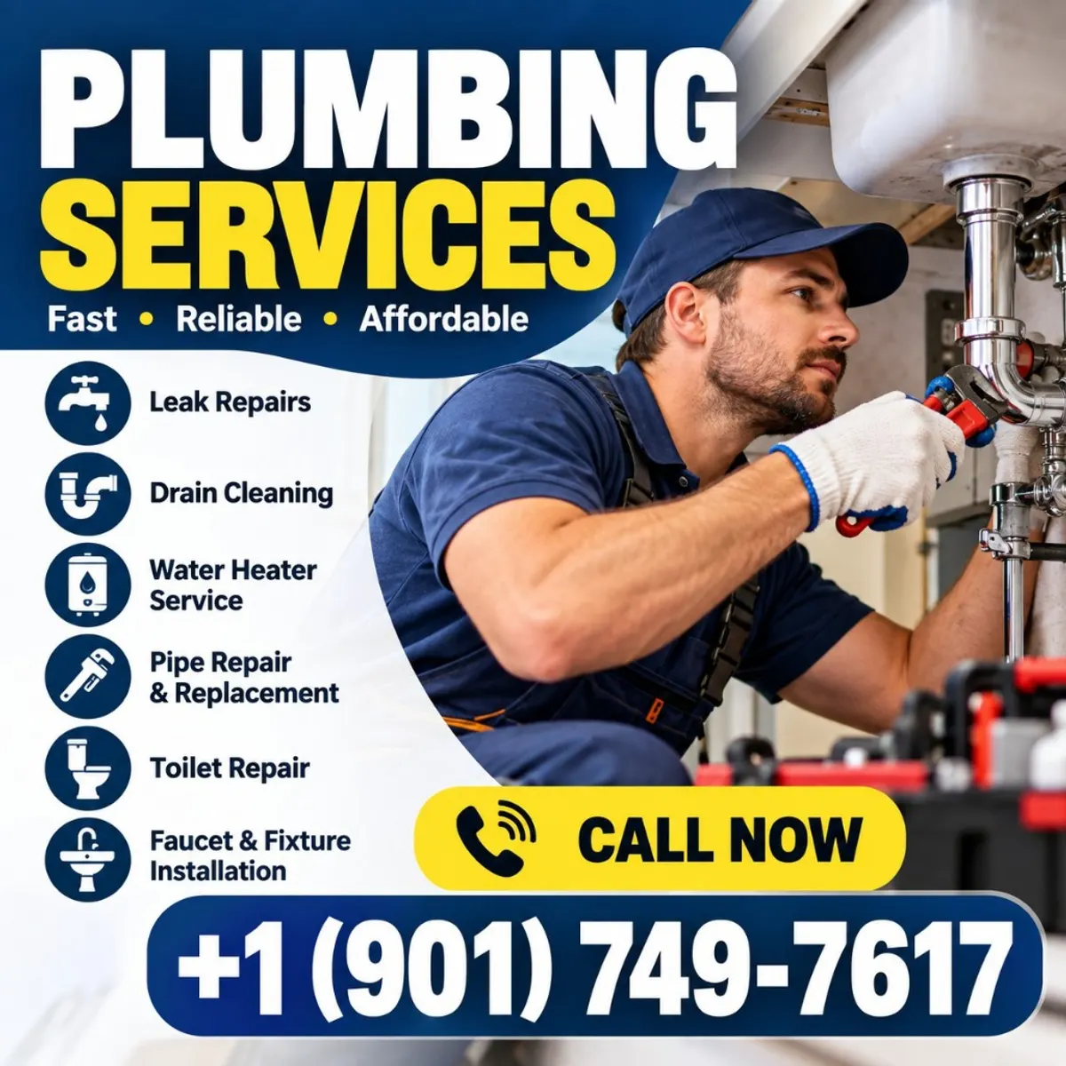 A plumber repairing a chrome sink pipe, shown with plumbing services and the HomeCallHub phone number